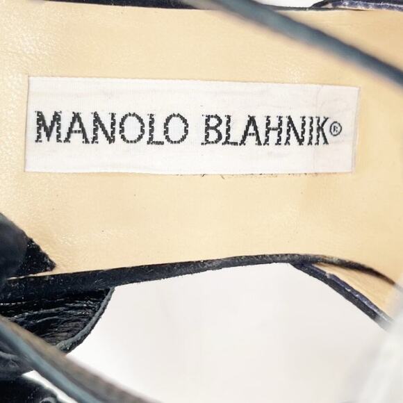 Vintage Manolo Blahnik Black Suede T-Strap Ankle Strap Pointed Toe Pump IT 38.5 - Picture 9 of 11